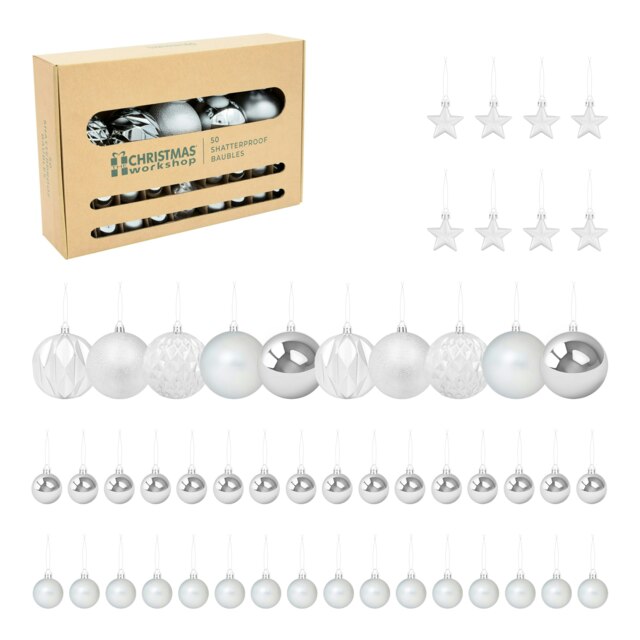 50PK Shatterproof Baubles - Silver