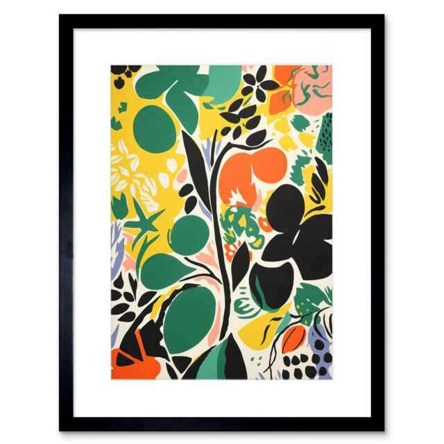 "Matisse Botanical Garden Abstract Bright Shapes 9x7"" Black Framed Wall Art Print"