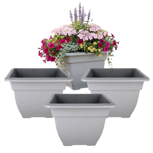 4x Grey Square Bell Plant Pot 38cm Plastic Bell Planter Patio Flowerpot Grey Grey 4