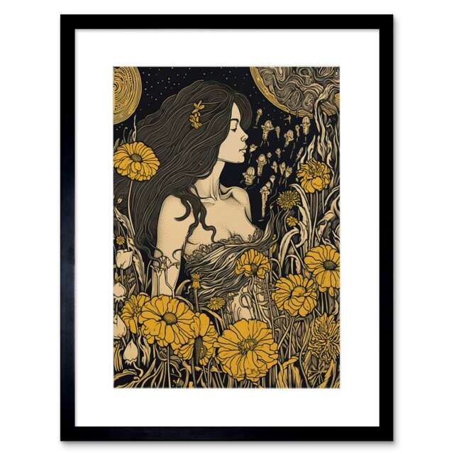 "Woman Flower Field Midsummer Night 9x7"" Black Framed Wall Art Print"