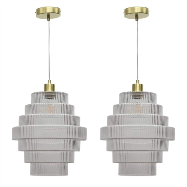 Set of 2 Benson - Tiered Large Glass Satin Brass Ceiling Pendant Light