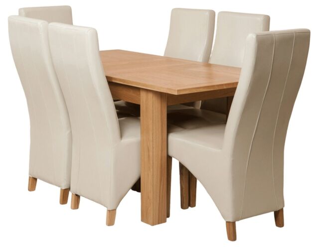 Hampton 120-160cm Oak Extending Dining Table and 6 Lola Leather Chairs Cream Cream