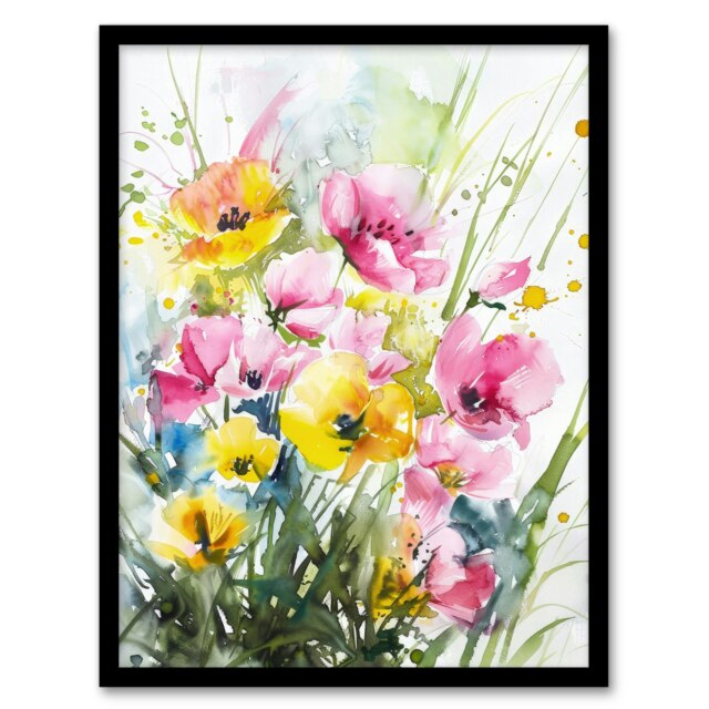 Watercolour Spring Flowers Floral Elegant Black Framed Wall Art Print A4