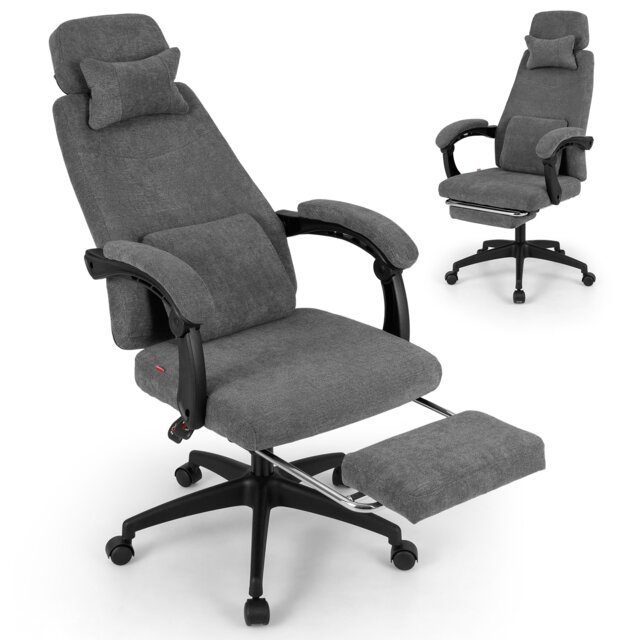 COSTWAY Reclining Home Office Chair Chenille Fabric Upholstered Chair Gray