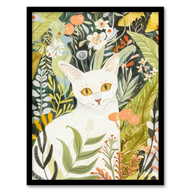 White Cat Lover Pet Flower Garden Living Room Black Framed Wall Art Print A4