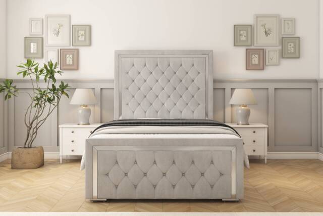 "Sloomy Sofia Chrome Silver Naples Bed Frame With 50"" Upholstered Headboard 4' Small Double"