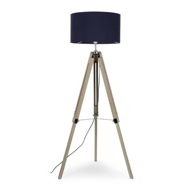 ValueLights Clipper Light Wood Tripod Floor Lamp Navy Shade