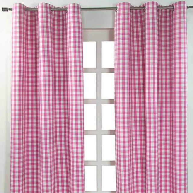 Homescapes Cotton Block Check Gingham Eyelet Curtains - 117 x 137 cm Pink Pink