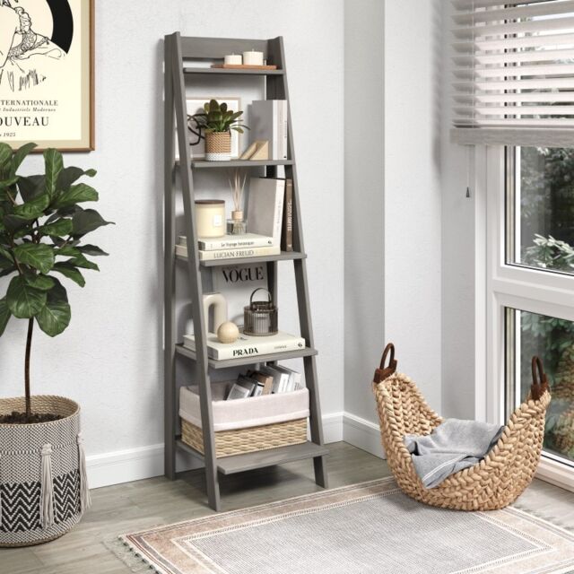Corona Grey Wax Ladder Bookcase Open Shelving Storage Solid Wood Mexican Pine Wooden Display Unit