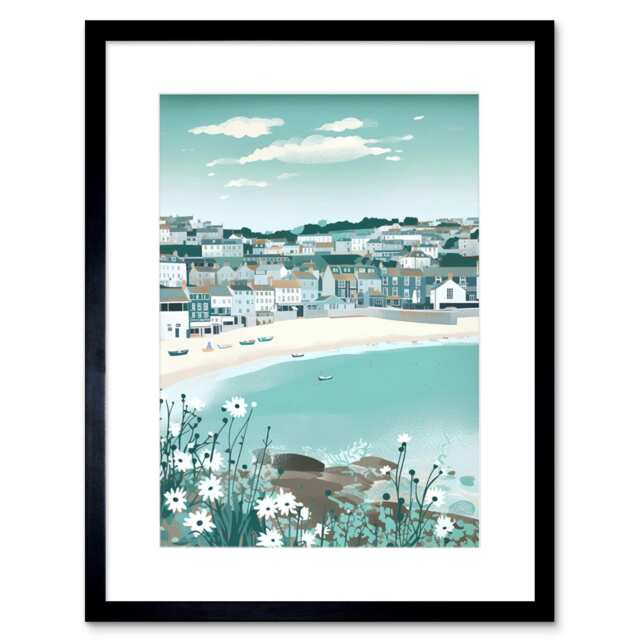 "St Ives Bay Daisies Soft Pastel Coastal Cityscape 9x7"" Black Framed Wall Art Print"
