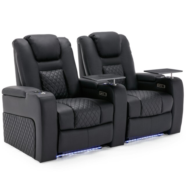 Broadway 2 Seater Cinema Electric Recliner Chair USB LED Base w Tray (Black)