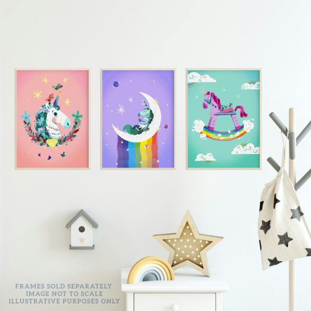 Set of 3 Kids Girl Bedroom Magical Unicorns Rainbows Purple Pink Blue Wall Art Prints 12x16 Inch