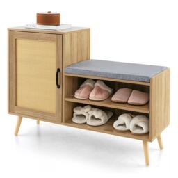 Wooden Shoe Storage Bench With Cushioned Seat and Cabinet Brown Brown
