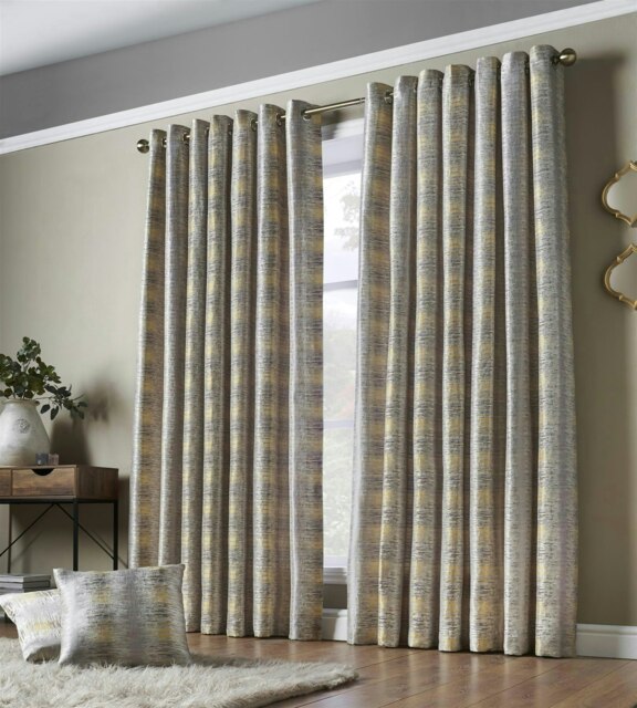 Reflect Ring Top Lined Curtains - 168cm x 183cm - Ochre/Silver