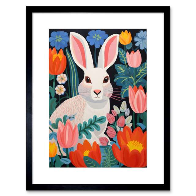 "Bunny Rabbit Colourful Bold Vibrant Flowers 9x7"" Black Framed Wall Art Print"