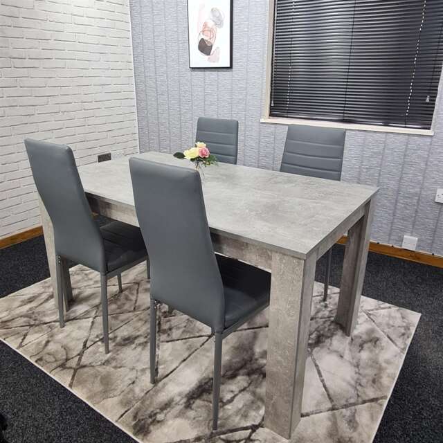 Dining Table and 4 Chairs Stone Grey Effect Wood Table 4 Grey Faux Leather Chairs Dining Room