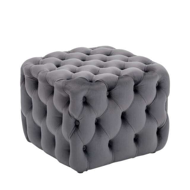 Living and Home Square Velvet Buttoned Footstool Ottoman - Grey