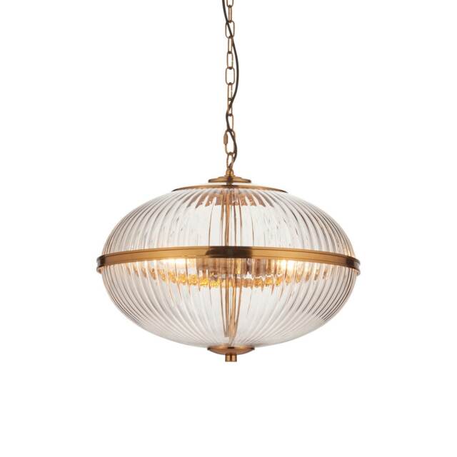 Somerset Spherical Pendant Ceiling Light Vintage Brass Finish & Clear Ribbed Glass 3x E14