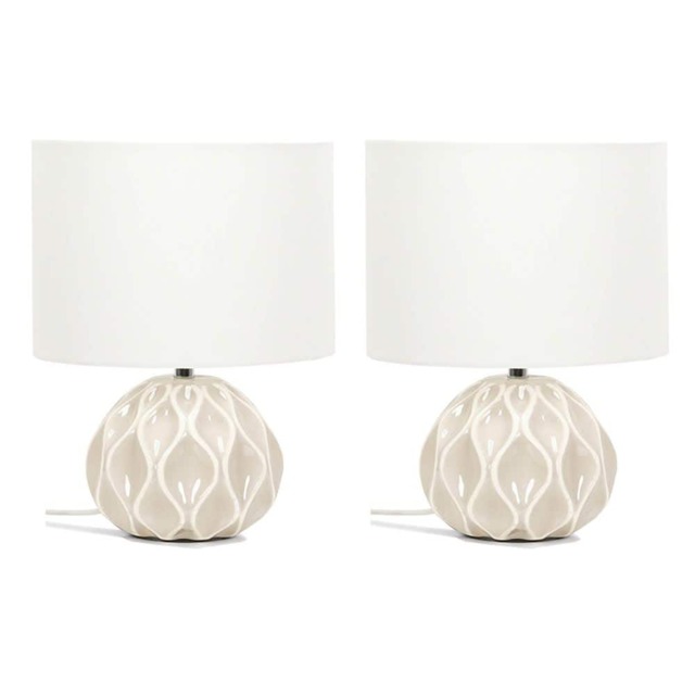 ValueLights Luca Pair of Natural Textured Ceramic Table Lamps with a Cream Shade Bedside Light and Bulbs
