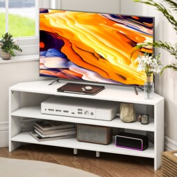 HOMCOM Corner TV Stand for 47 Inch Television, Modern TV Unit with 2 Open Shelves for Living Room, Bedroom, White White