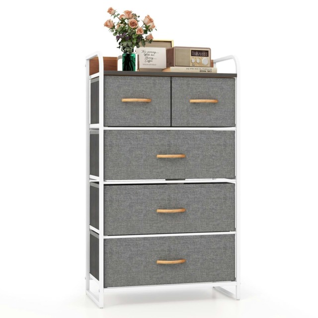 COSTWAY 5-Drawer Dresser 4-Tier Chest of Drawers Grey Grey