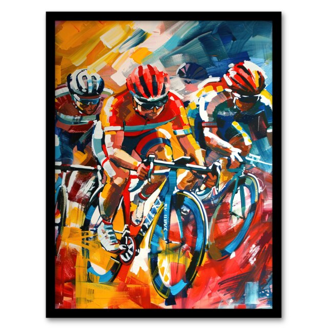 Cyclists Racing Colourful Sport Living Room Black Framed Wall Art Print A4