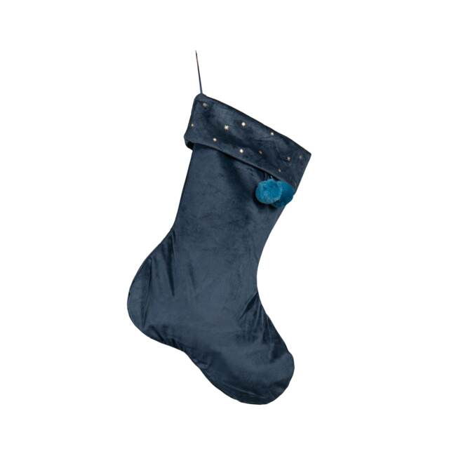 70cm Hanging Dark Blue Velour Star Print Christmas Stocking with Pom Poms