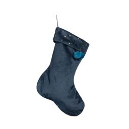 70cm Hanging Dark Blue Velour Star Print Christmas Stocking with Pom Poms