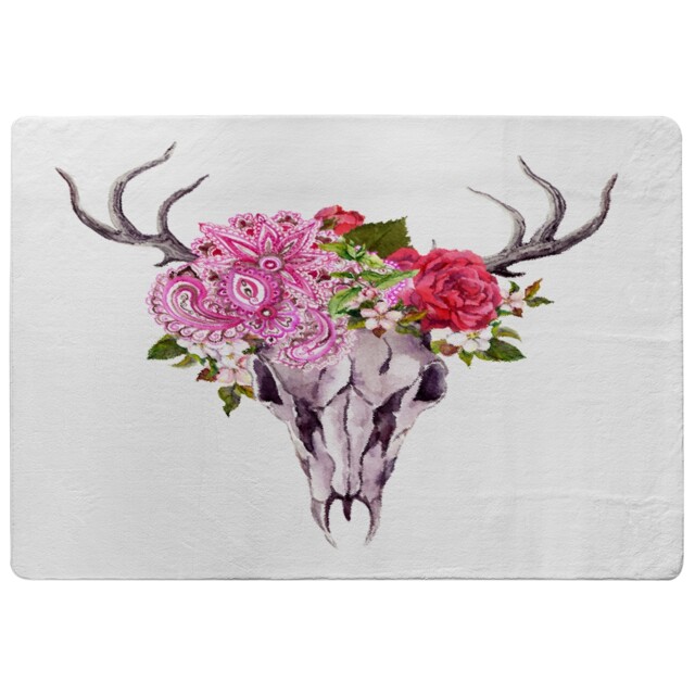 Deer Animal Skull With Flowers And Feathers Rug Multi