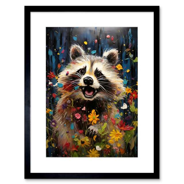 "Racoon Romp a Wildflower Meadow Quirky 9x7"" Black Framed Wall Art Print"