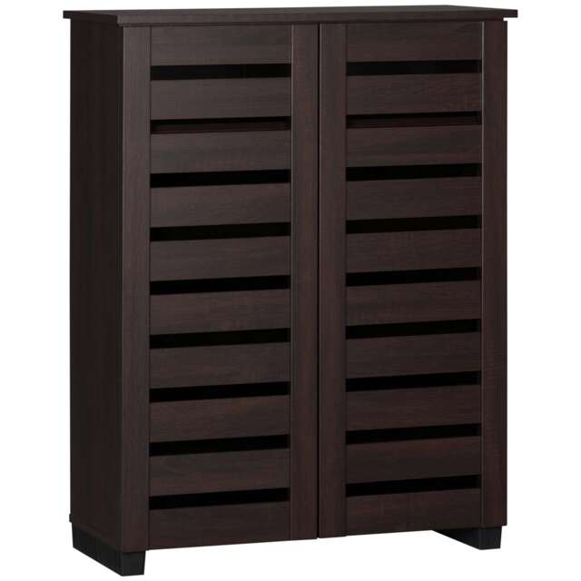 HOMCOM Narrow Shoe Cabinet for Entryway, 5-Tier Slim Shoe Storage Cabinet with 2 Slatted Doors and Adjustable Shelves for 15 Pairs, Dark Brown Brown