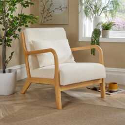Boucle Wooden Armchair Teddy Fur Cream Modern Home Chair Furniture Seating