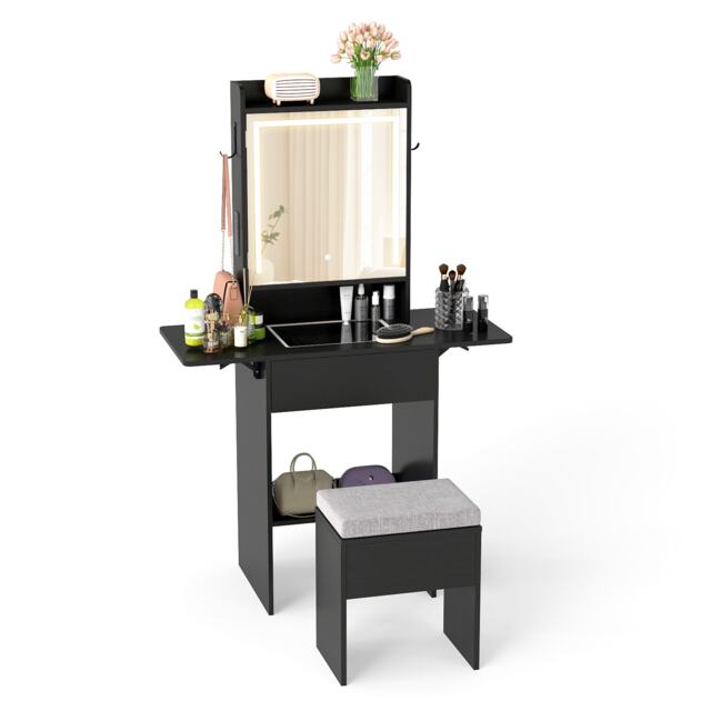 COSTWAY Compact Makeup Dressing Table with Visible Glass Top Black