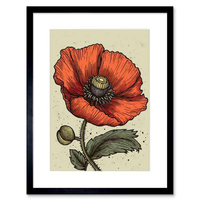 "A Single Poppy Old School USA Tattoo Ink Rockabilly 50s 9x7"" Black Framed Wall Art Print"