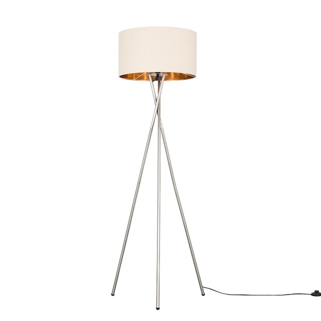 ValueLights Camden Brushed Chrome Tripod Floor Lamp Beige Gold Shade