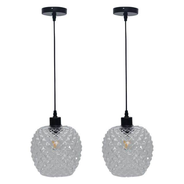 Set of 2 Baine - Clear Textured Glass with Black Pendant Fittings Clear Clear 2