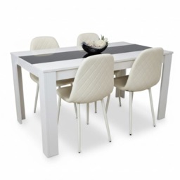 White Black Dining Table Wooden with 4 Cream Faux Leather Chairs Set