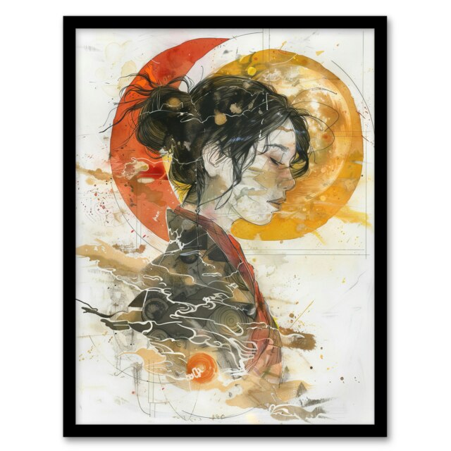 Otaku Female Samurai Watercolour Portrait Black Framed Wall Art Print A4