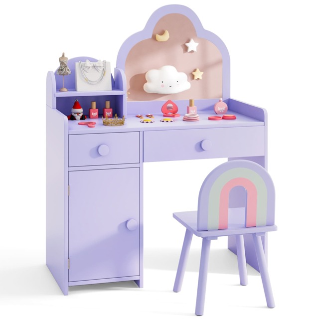 Kids Vanity Table and Chair Set Girls Vanity Set w/ Cloud-shaped Mirror Purple