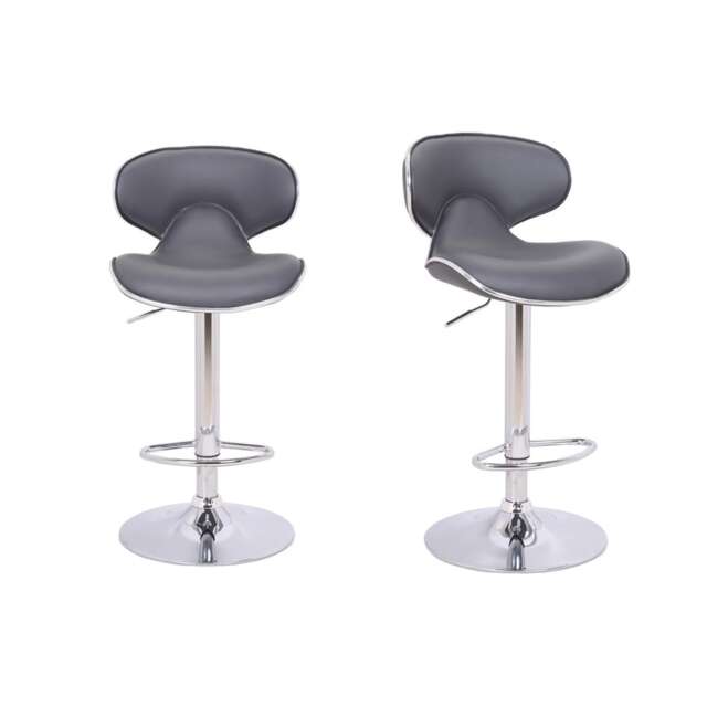 Carcaso Kitchen Bar Stools Pair Grey, Adjustable Swivel Gas Lift, Chrome Base, For Breakfast Bar Or Kitchen