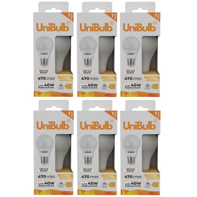 UniBulb LED GLS E27 Edison Screw (ES) 470lm 4.2W (Replaces 40W) 2700K (Warm White) Light Bulb - Pack of 6