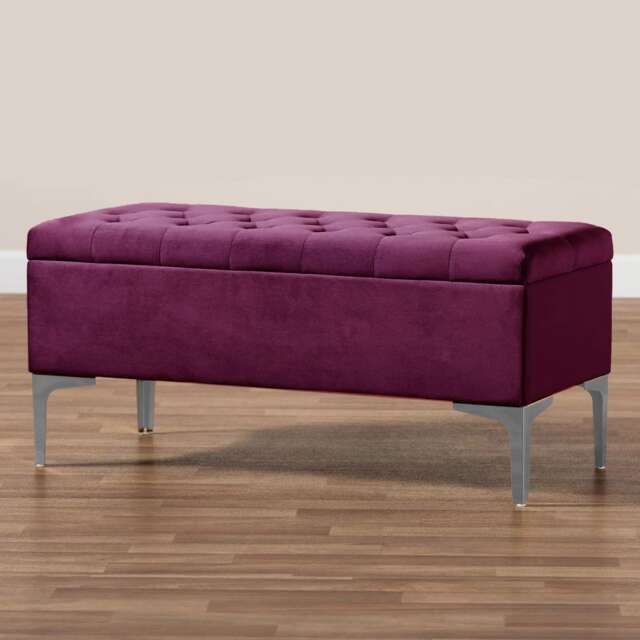 Modena Storage Ottoman Bench, Ottoman Footstool with Legs, 120cm Plush Velvet Upholstered End of Bed Bench, Red