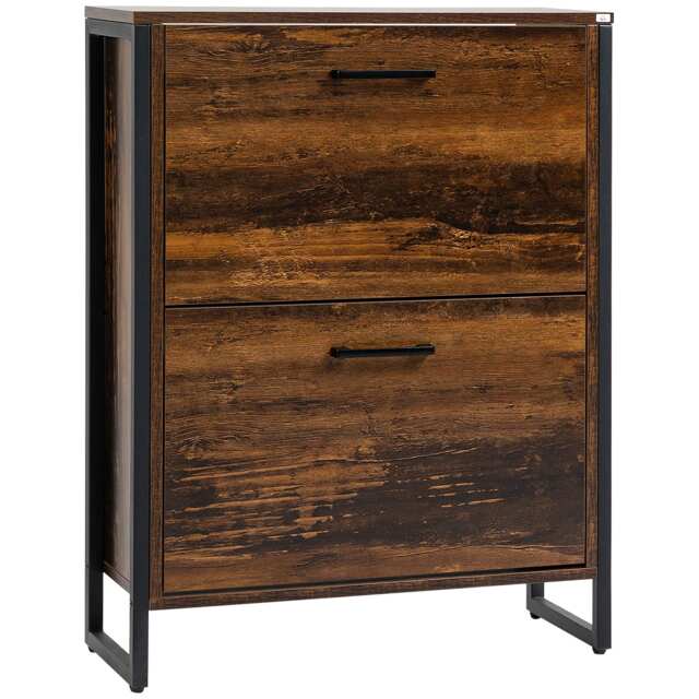 HOMCOM Industrial Shoe Cabinet with 2 Flip Drawers, Narrow Shoe Storage Cabinet for 12 Pairs, Freestanding Slim Shoe Rack for Entryway, Hallway, Rustic Brown