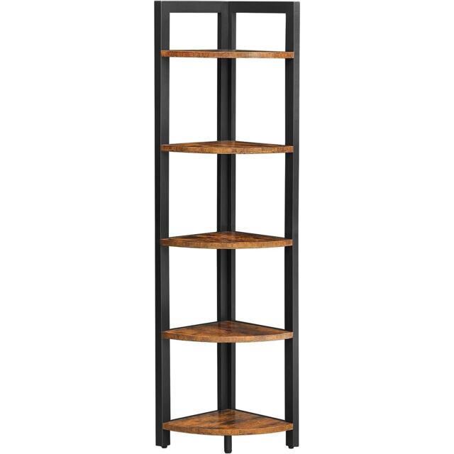 5-Tier Corner Bookcase Storage Shelf, Multipurpose Plant Stand and Display Unit, Rustic Brown and Black
