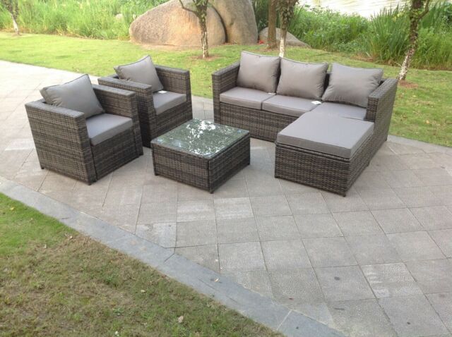 Fimous Lounge Dark Mixed Grey Rattan Sofa Set With Tables 2 Armchair Stool Outdoor Garden Furniture Patio 6 Seater