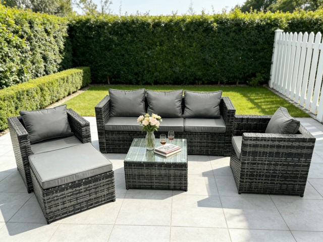 Fimous Lounge Dark Mixed Grey Rattan Sofa Set With Tables 2 Armchair Stool Outdoor Garden Furniture Patio 6 Seater