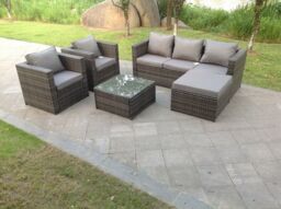 Fimous Lounge Dark Mixed Grey Rattan Sofa Set With Tables 2 Armchair Stool Outdoor Garden Furniture Patio 6 Seater
