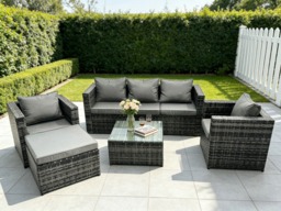 Fimous Lounge Dark Mixed Grey Rattan Sofa Set With Tables 2 Armchair Stool Outdoor Garden Furniture Patio 6 Seater