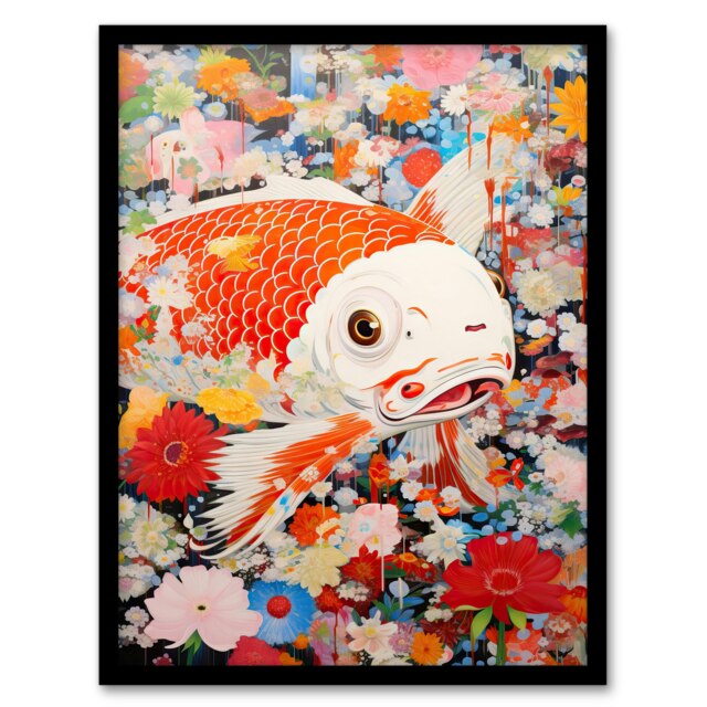 Floral & GoldFish Superflat Japanese Koi Carp Fish Black Framed Wall Art Print A4
