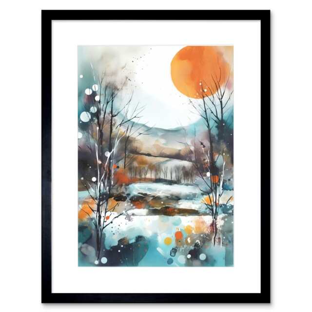 "Abstract Winter Landscape Watercolour Boho Countryside 9x7"" Black Framed Wall Art Print"